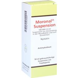 Gelbe und weiße Arzneimittelverpackung mit Aufschrift "Moronal Suspension".